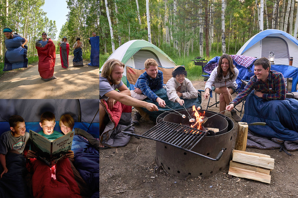 Sleeping bag race, kids reading in tent and campers roasting marshmallows. 