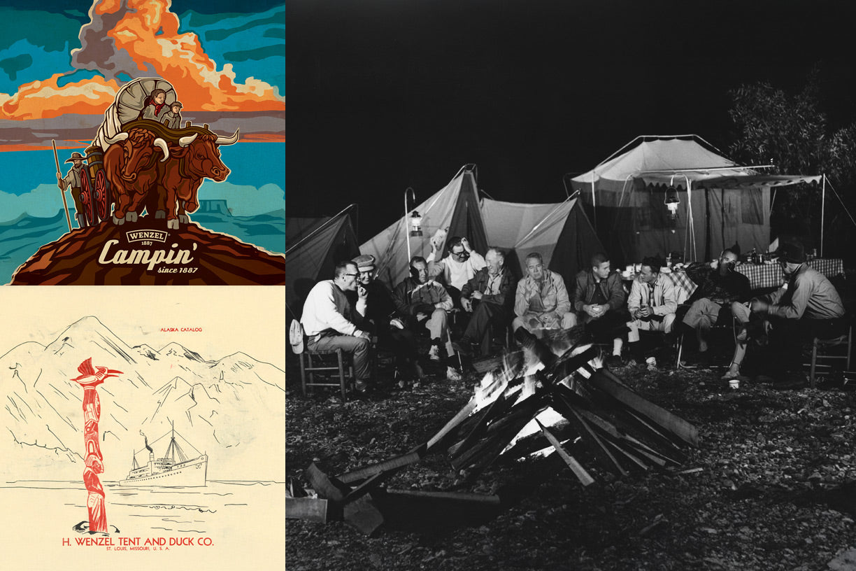 Historic Wenzel covered wagon illustration, Alaska Catalog, and vintage camping photo. 